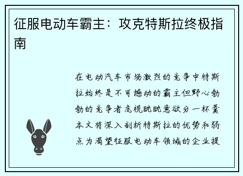 征服电动车霸主：攻克特斯拉终极指南