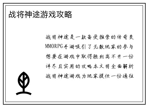 战将神途游戏攻略