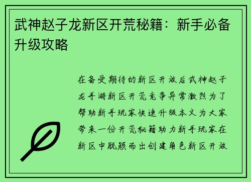 武神赵子龙新区开荒秘籍：新手必备升级攻略