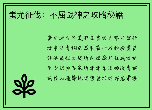 蚩尤征伐：不屈战神之攻略秘籍